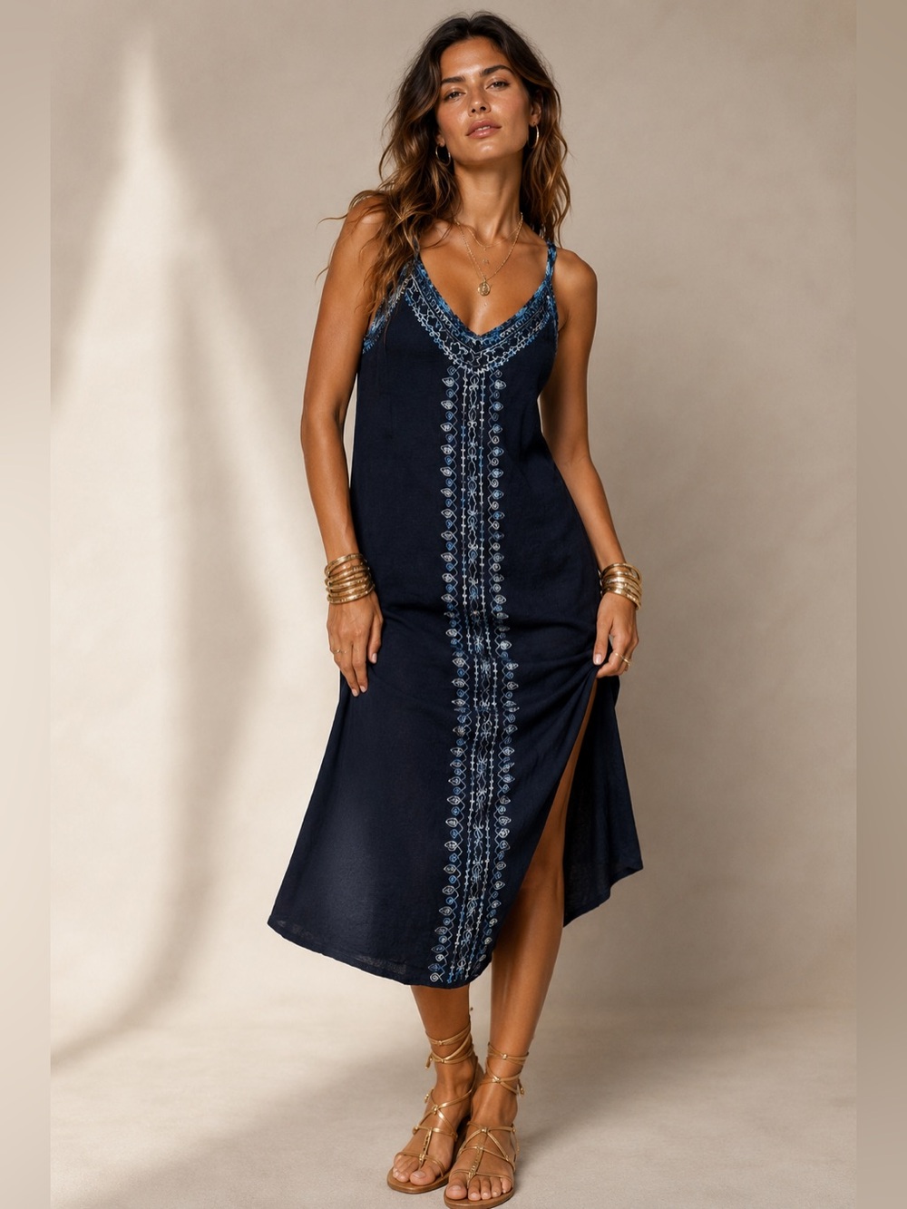 Calypso St. Barth Navy 100% Linen Embroidered Crochet Trim Midi dress